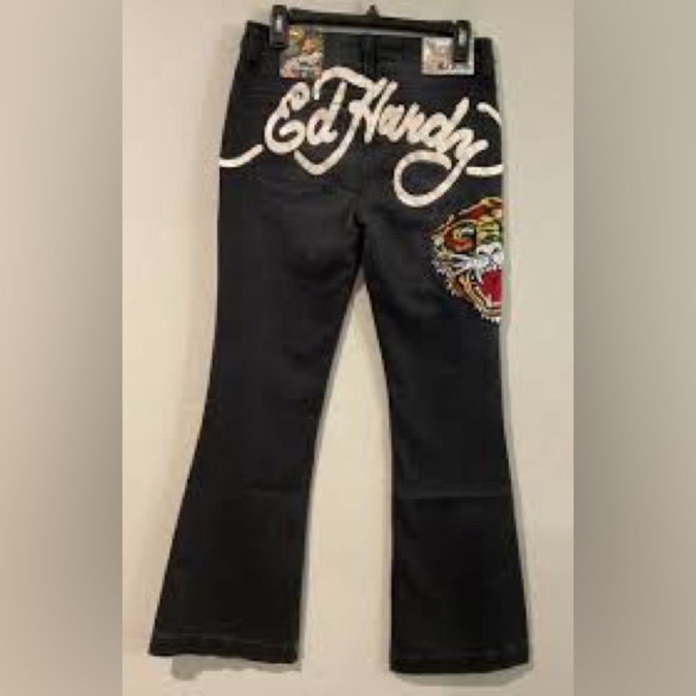 ED HARDY WOMENS TIGER HEAD SLIM FLARE JEAN LOW RISE IN FADED BLACK SZ 32 NWT - Picture 3 of 15